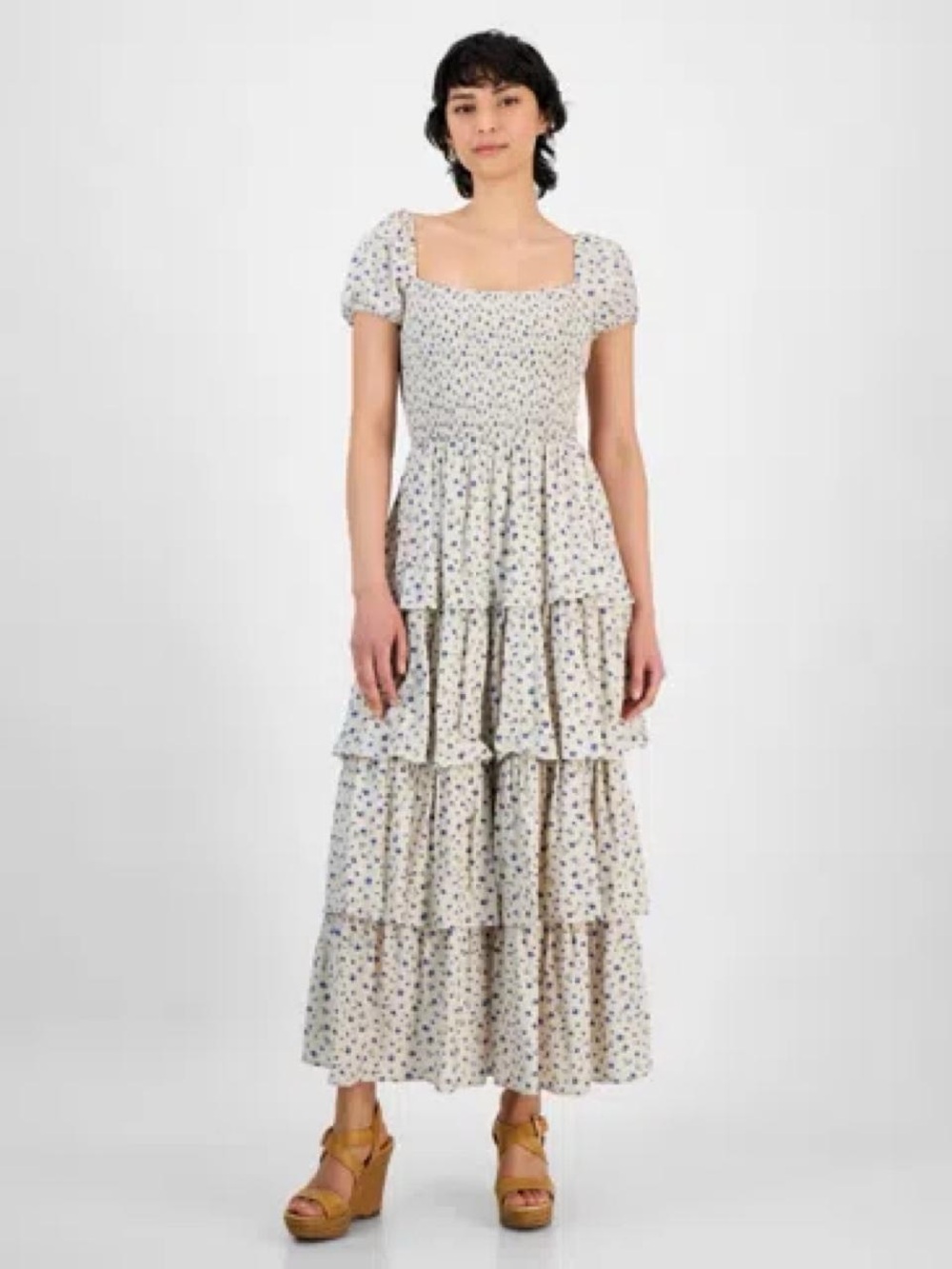 And Now This Women's Cream Floral Tiered Maxi Dress with Smocked Bodice